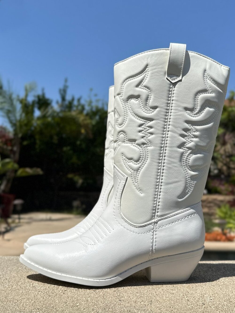 New Pure White Pointed Toe Cowboy/Cowgirl Western Boots Mid-Calf Low Block Heel - Picture 4 of 7